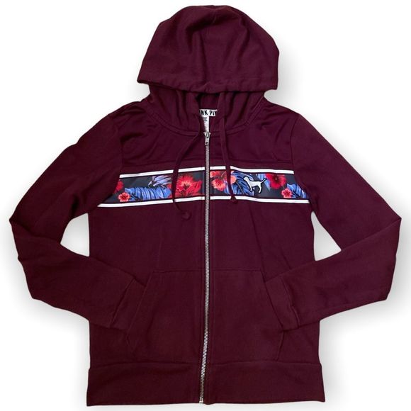 PINK VS Wine Tropical Print Lightweight Zip Up Hoodie - Picture 1 of 8